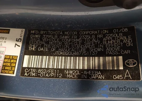 2008 Toyota Prius из США, поврежденный, VIN JTDKB20U487751137